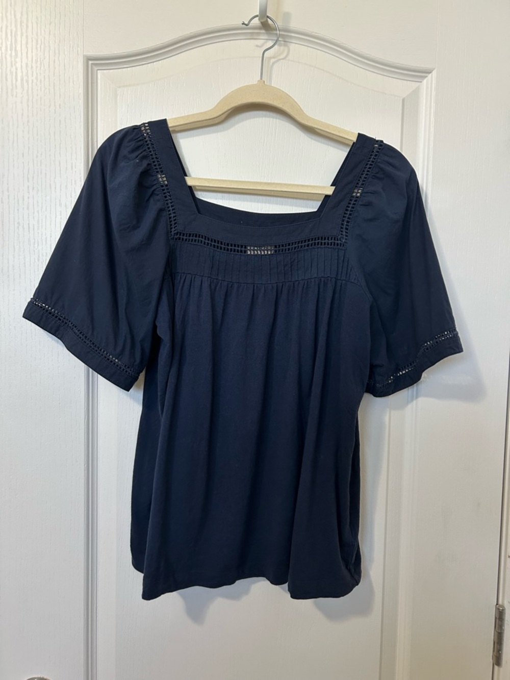 Elie Tahari Navy Square-Neck Puff Sleeve Blouse